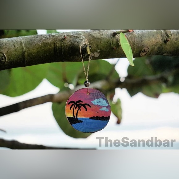 Sunset Palms Ornament Hand Painted Wood Palm Tree Silhouette Beach TheSandbar - Picture 1 of 4